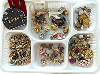 Full tray with six compartments holding mixed vintage pins, earrings, buttons, and jewelry pieces in gold, silver, and pearl-tone finishes.