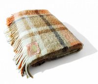 Folded view of the plaid car throw blanket showing the vintage Eatons label and fringed edge.
