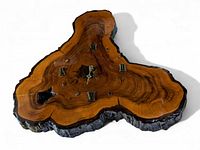 Front view of vintage burl wood wall clock showing polished wood surface, natural grain patterns, Roman numeral hour markers and clock hands.