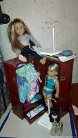 Photo showing two American Girl dolls Julie and McKenna, wooden carry case filled with doll clothes, and accessories including a plush dog and books.