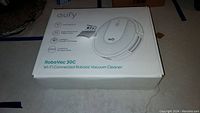 Closed box of Eufy RoboVac 30C Wi-Fi Connected Robotic Vacuum Cleaner showing brand and features.