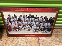Front view of laminated wooden art poster showing 2002 Team Canada Men's Hockey Team celebrating Olympic gold medal win in Salt Lake City, Utah.