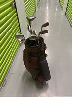 Photo of Goliath Nite Rider II golf clubs in brown and black stand bag in storage hallway
