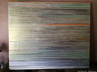 Full view of large abstract-expressionist painting showing horizontal linear design with layered brush strokes in muted colors including green, orange, gray, purple and beige.