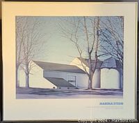 Framed poster by Marina Stern from Forum Gallery, 1982. Shows winter landscape with buildings and trees.