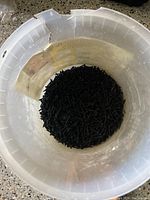Top view of a large quantity of black drywall screws inside a round plastic bucket showing the quantity and screw type.