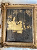 Front view of framed antique black and white photograph depicting palm trees and a body of water, with an ornate gold frame showing signs of age.