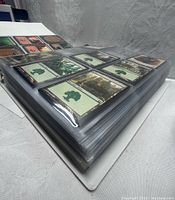 Binder pages filled with Magic: The Gathering cards, showing organized plastic sleeves containing land cards like Forests and Swamps.