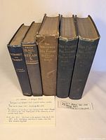 Five books upright showing spines and a handwritten note with author and publication years