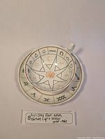 Top view of the teacup inside the saucer showing zodiac symbols and fortune-telling motifs in gold and black on white porcelain.