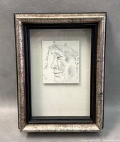 Whole framed drawing in silver and black distressed frame, 6.5x8.5 inches