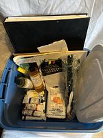 View inside blue plastic tub containing assorted painting supplies including tubes of oil paint, bottles of oils and thinner, paintbrushes, and sketchbooks.
