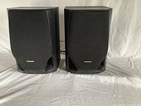Pair of black Panasonic speakers with fabric cover and logo on front, shown standing upright.