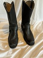 Front view of pair of black leather Civil War/Dayton style boots showing squared toe and harness strap detail.