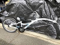 Full view of the white curved Co-Pilot Wee Ride Sync Link frame with attached seat, handlebars, and rear wheel, lying on ground in front of black tarp.