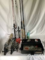 Overview of fishing rods, reels, bobbers, fishing line and open tackle box