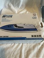 Box front showing RC Super Boats branding and image of the high performance racing boat model in blue and white.