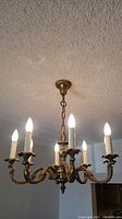 Overall view of chandelier hanging from ceiling with six lit candelabra bulbs