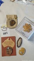 Photo of the full lot featuring 5 brooches on white background, including a flower brooch in box labeled Anne Klein, an insect treated brooch on card, and others.