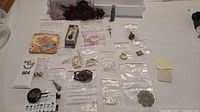 Overview of lot items arranged on table, showing various jewelry pieces in plastic bags with labels.