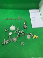 Full view of all jewelry items on green background including charm bracelet, chain necklace with pendant, and assorted charms.