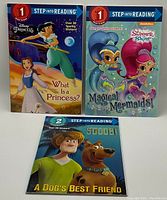 Three Step Into Reading children's books with Disney Princess, Nickelodeon Shimmer and Shine, and Scoob themes