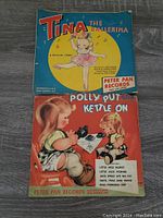 Two vintage children's musical story records, 'Tina The Ballerina' and 'Polly Put The Kettle On' by Peter Pan Records, shown side by side.