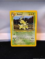 Clear photo of single Bayleef Pokemon card showing card front with character illustration, stats, and moves.