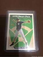 Front side of the 1992 Topps Derek Jeter Draft Pick Rookie Card showing player action pose and card design