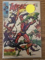 Front cover of Marvel The Avengers comic book issue #55 from August 1968, sealed in plastic with a yellow sticker partially obscuring the logo.