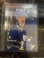 Front view of Mitch Marner Parkhurst Rookie hockey card in protective sleeve