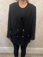 Front view of blazer worn on model