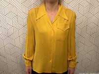 Front view of blouse on model showing pointed collar, chest pocket and button front