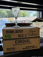 Original box for 12 Capri Collection cordial glasses showing product details and lead crystal content 24% PbO.