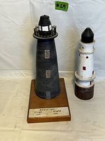 Front view of two folk art lighthouses, one labeled Beavertail First Light with wooden base, the other a white cylindrical lighthouse.