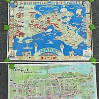Photo showing both vintage Newport Rhode Island poster-maps together, highlighting vivid blue and light pastel backgrounds with detailed map illustrations.