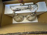 Two glass pendant light shades connected by metal mounting bar and wiring packed in white foam inside a cardboard box.