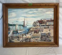 Front view of the vintage nautical seascape oil painting on board in wooden frame showing a detailed harbor scene with boats and people at dock.