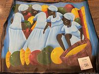 Full view of the colorful painting showing four women in white dresses with tropical fruits around them.