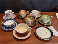 Overhead view of all teacups and saucers arranged on tabletop