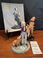 Photo of two Royal Doulton figurines (The Young Master and Micawber) with the Charlton catalogue behind.