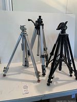 Five camera tripods displayed on a table in front of a white backdrop. Various head types and aluminum/metal construction visible.