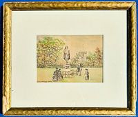 Framed watercolor artwork depicting a Victorian scene with a statue and figures, signed and dated 1884 by J. Harding. The frame is gold-colored with some edge wear and damage to the backpaper glue.