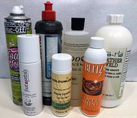 Eight bottles of various cleaners and polishers shown full frontal with readable labels.