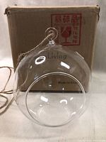 Photo of a single clear glass globe with a loop for hanging and string attached, sitting in front of a cardboard box.