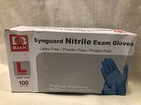 Box of Basic Synguard Nitrile Exam Gloves, showing size Large, 100 gloves, Latex Free, Powder Free