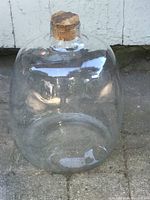 Full view of large round oval clear glass carboy bottle with natural cork top sitting on paved ground outdoors.