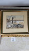 Framed pastel artwork showing entire piece with 15.5 x 18 inch green and gold wood frame and mat, label