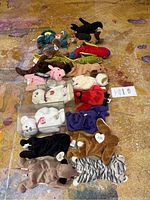 18 assorted Beanie Babies plush toys arranged on floor.