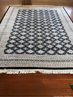 Full top-down view of the entire rug laid flat on hardwood floor showing overall pattern and fringe.